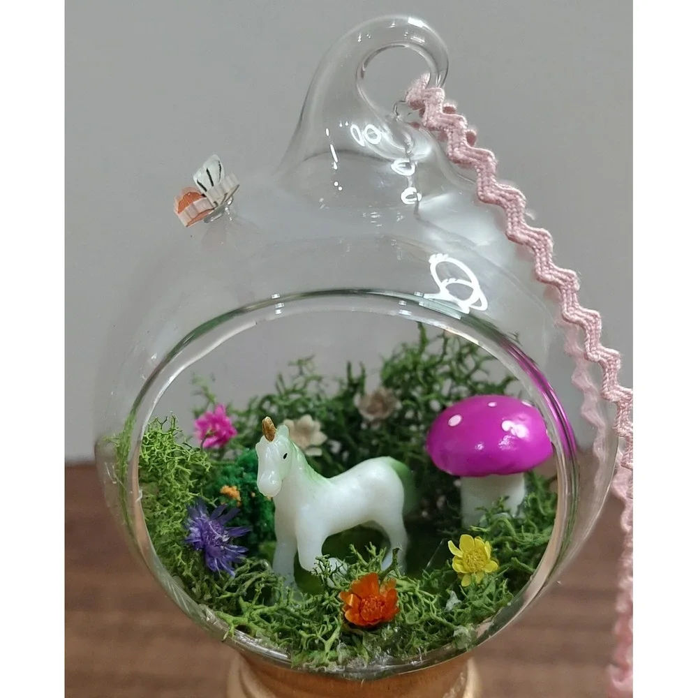 Handmade Glass Diorama Christmas Ornament Unicorn Horse Mushroom Fairy Garden